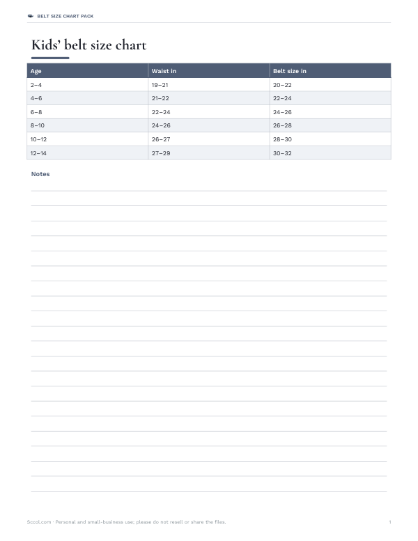 Preview of Printable Kids' Belt Size Chart