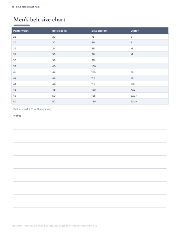 Preview of Printable Men’s Belt Size Chart