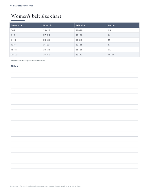 Preview of Printable Women’s Belt Size Chart